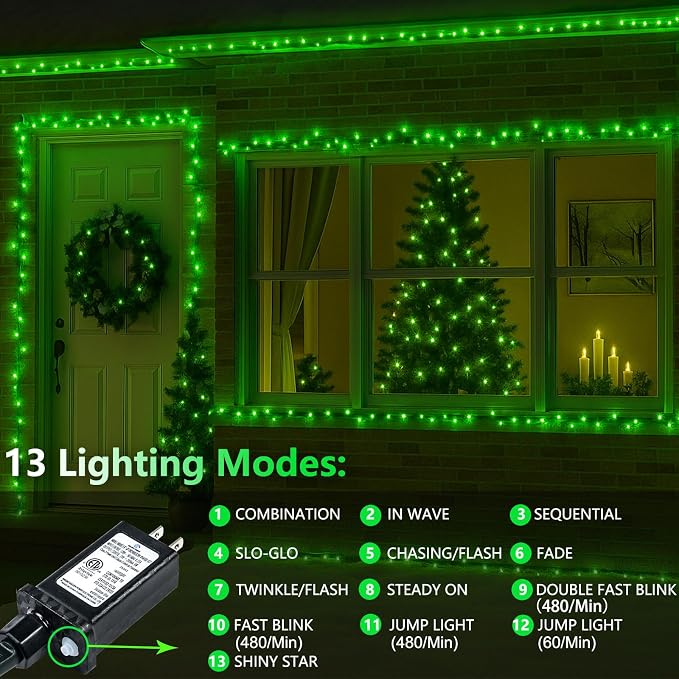 200 LED Connectable String Lights, 66FT Christmas Lights Outdoor Indoor | Green, 13 Modes, Timer, Clear Wire Waterproof Twinkle Fairy Lights Plug in for Bedroom Classroom Patio Xmas Tree Decor