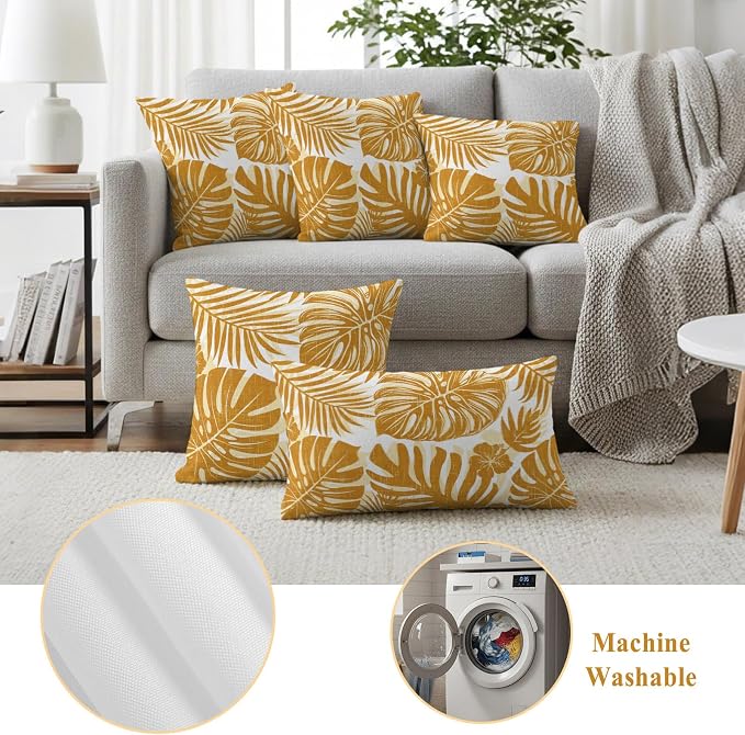 Vintage Yellow Palm Leaves Outdoor Pillow Covers 20"x20" Set of 2, Tropical Botanical Minimalist Modern Waterproof Throw Pillow Covers for Patio Furniture, Decorative Cushion Covers for Porch