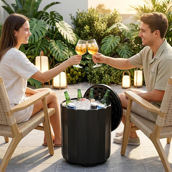 Outdoor Cooler Side Table, 2-in-1 Versatile Ice Cooler Table, Broad Fluted Outdoor Accent Table with Hangable Lid, All-Weather Resistant for Patio Decor, Deck, BBQ, Beach, Black