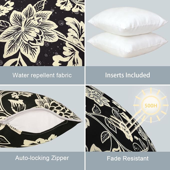 LVTXIII Set of 2 Patio Throw Pillows Waterproof 16"x16" Fade Resistant Outdoor Throw Pillow with Inserts,Decorative Garden Toss Pillow Cushions for Home Patio Sofa Use, Elegant Vines Black
