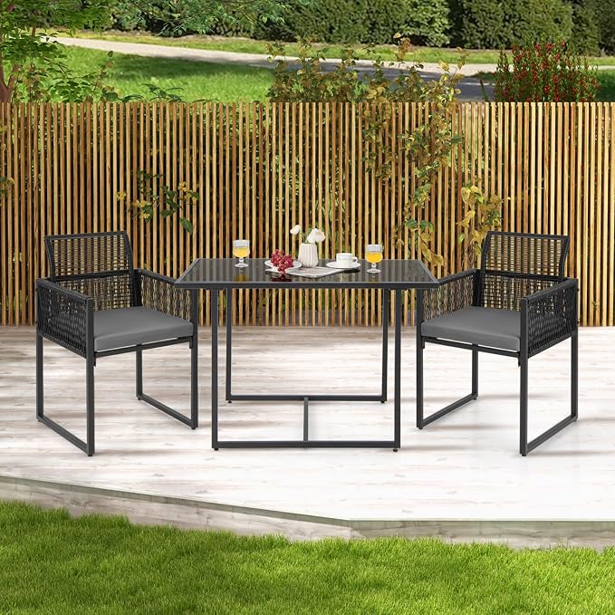 HAPPYGRILL 3 Pieces Outdoor Patio Dining Set, PE Rattan Furniture Set with Cushions, Tempered Glass Tabletop, Space-Saving Rattan Dining Chair Table Set for Backyard Poolside Balcony