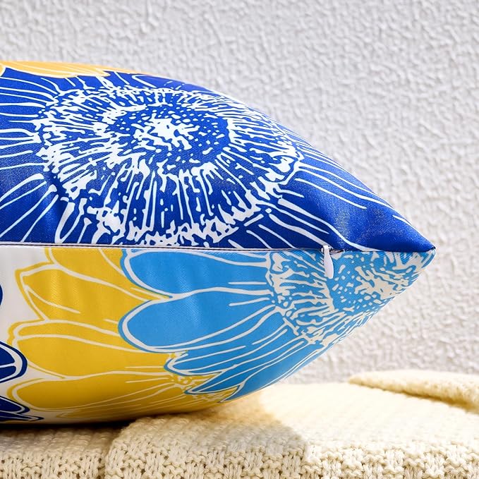 Outdoor Waterproof Pillow Covers Summer Floral Throw Pillow Covers 20x20 Decorative Square Yellow Blue Sunflower Garden Cushion Throw Pillowcase Set of 2 for Patio Furniture Garden Tent Balcony Bench