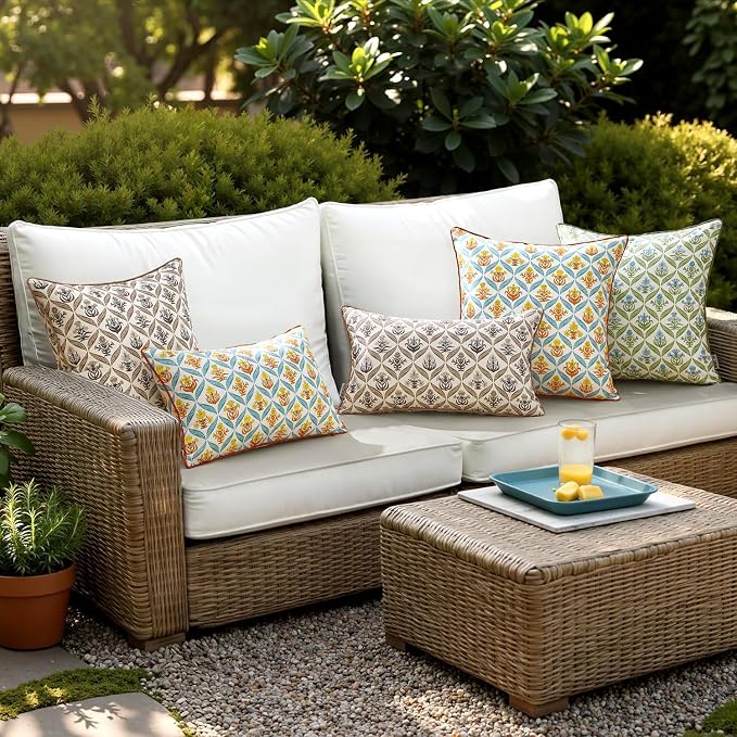ANRODUO Floral Outdoor Waterproof Pillow Covers Set of 2 Brown 12x20 Inch | Lumbar Block Print Decorative Cushion Cases With Refined Edge Piping for Summer Patio Porch Garden Couch Sofa Bench Decor