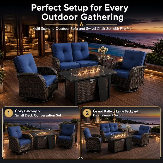 HUMMUH 5-Piece Wicker Swivel Rocker & Glider Set with Fire Pit, Brown/Blue | 50,000 BTU fire pit, powder-coated steel frame, UV-proof PE wicker, 360-degree swivel, 4-inch thick sponge cushions