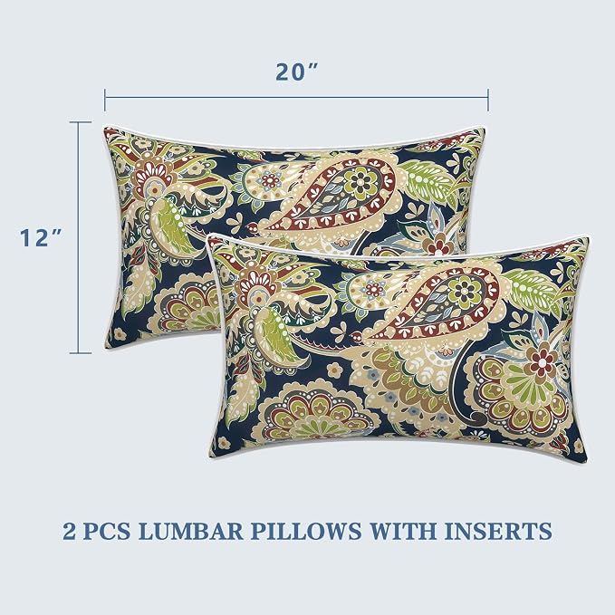 LVTXIII 2 Pack Outdoor Lumbar Pillows 12x20 Inch with White Piping, Fade Resistant Support Throw Pillows with Inserts for Patio Furniture, Sofa, Chair, Paisley Bloom