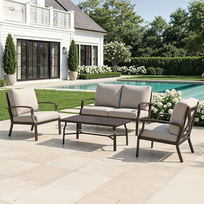 4-Piece Outdoor Sofa Set, Never Rusts Aluminum Patio Sofa Set with Coffee Table, Patio Furniture Set Outdoor Conversation Set with Removable Cushions for Patio, Backyard, Porch, Dark Bronze