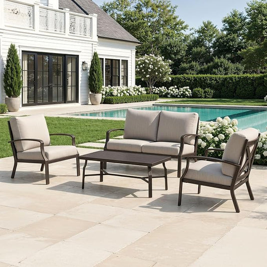 4-Piece Outdoor Sofa Set, Never Rusts Aluminum Patio Sofa Set with Coffee Table, Patio Furniture Set Outdoor Conversation Set with Removable Cushions for Patio, Backyard, Porch, Dark Bronze