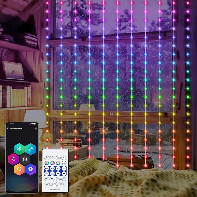 echosari Smart Curtain Lights 6.6 x 9.8Ft 16 Million Colors Changing | 300 LED Fairy Curtain Lights DIY Functions with Remote APP Hanging Light for Patio Bedroom Decor