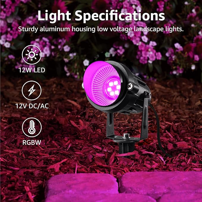 SUNVIE RGBW Landscape Lighting Kit with 300W Transformer, Waterproof, 12PCS | 12-24V LED Low Voltage Landscape Lights, Aluminum Landscape Spotlights Color Changing for Christmas House Yard Tree Garden