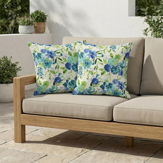 RSH DECOR Square Throw Pillows Set of 2, 20" x 20", All-Weather Pillows, Bettina Aqua, Made in USA