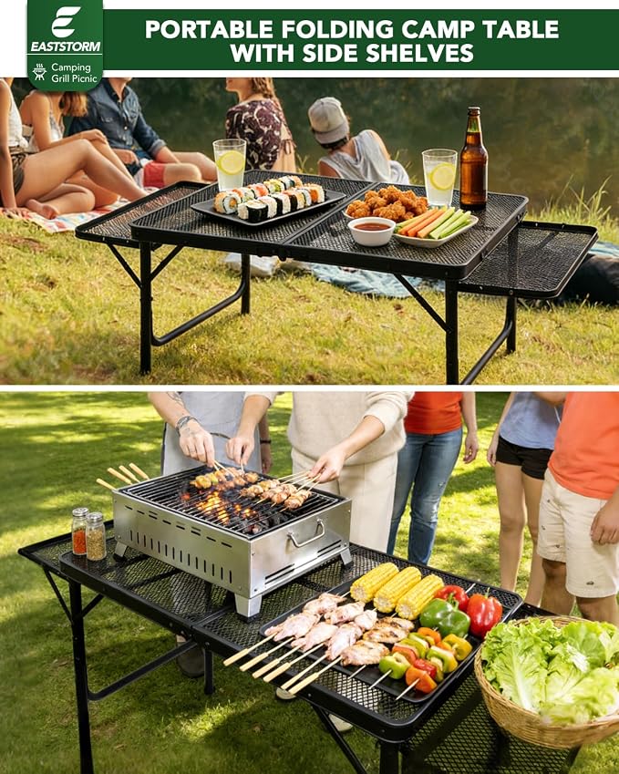 3ft Folding Camping Table with Wing Panels, Metal Mesh Grill Table,2 Adjustable Heights,Folding Table with Storage Net, Paper Towel Holder, Hooks, Trash Bag Rack, for Picnic,Camping,BBQ,Beach(Black)