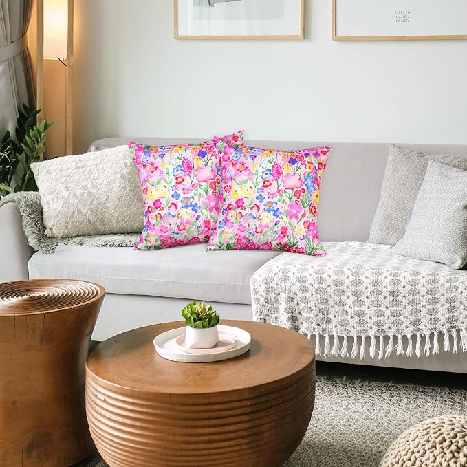 TAJWE Outdoor Pillow Covers 18x18 Inch Set of 2 Colorful Floral Waterproof Throw Pillowcases Modern Farmhouse Wild Flower Decorative Square Cushion Cases for Patio Furniture Garden Bench Porch Decor
