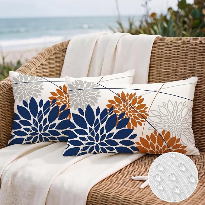 OTOSTAR Outdoor Dark Blue Orange Pillow Covers 16x24 Inch Set of 2 Beige Flower Throw Pillows Farmhouse Geometric Dahlia Floral Lumbar Cushion Case Waterproof Decor for Sofa Patio Funiture Garden