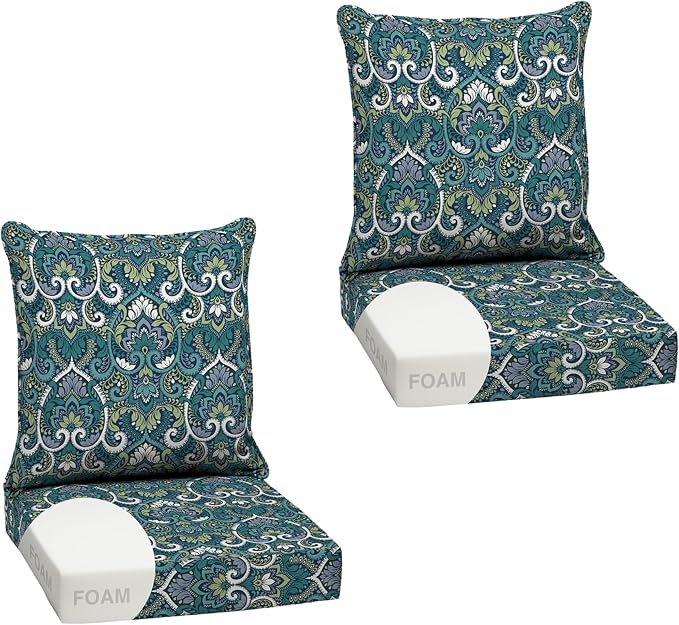 Arden Outdoor Foam Deep Seat Cushion Set, 2-Pack, 24x24, Premium High-Density Foam, Never Flattens, Weather-Proof for Patio Chair Sofa Couch, Sapphire Aurora Blue Damask | Sofa, Couch, Conversation Set, Premium High-Density Foam, Never Flattens, Mold a...