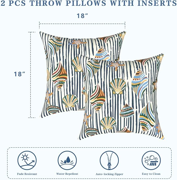 LVTXIII 2 Pack Outdoor Pillows 18x18 Inch, Square Throw Pillows with Inserts, Decorative Water-Repellent Pillow Cushions for Patio Furniture and Garden Sofa, Cabana Shells
