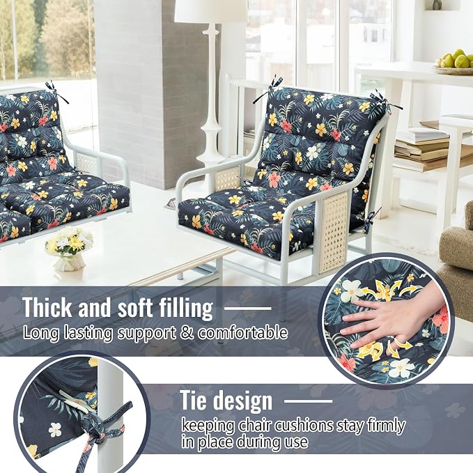 Marsui 4 Pcs Outdoor Indoor High Back Chair Cushions Patio Furniture Tufted Pillow with Ties Water-Resistant Replacement Outdoor Rocking Chair Cushions, 42 x 21 Inches (Dark Color,Plants)