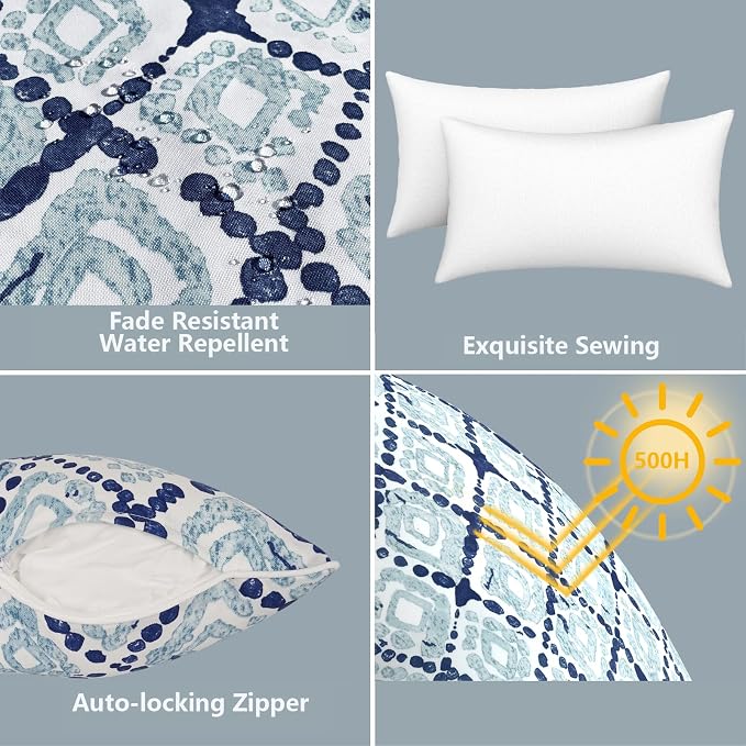 LVTXIII 2 Pack Outdoor Lumbar Pillows 12x20 Inch with White Piping, Fade Resistant Support Throw Pillows with Inserts for Patio Furniture, Sofa, Chair, Boho Geometry Blue