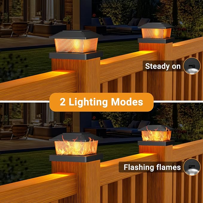 btfarm 4x4 Solar Flame Post Cap Lights Outdoor, 4 Pack Flickering Flame Fence Deck Post Lights, Waterproof Solar Powered Lighting Outside Fit 4x4 3.5x3.5 Wooden/Vinyl for Porch Patio Garden, Black Cap