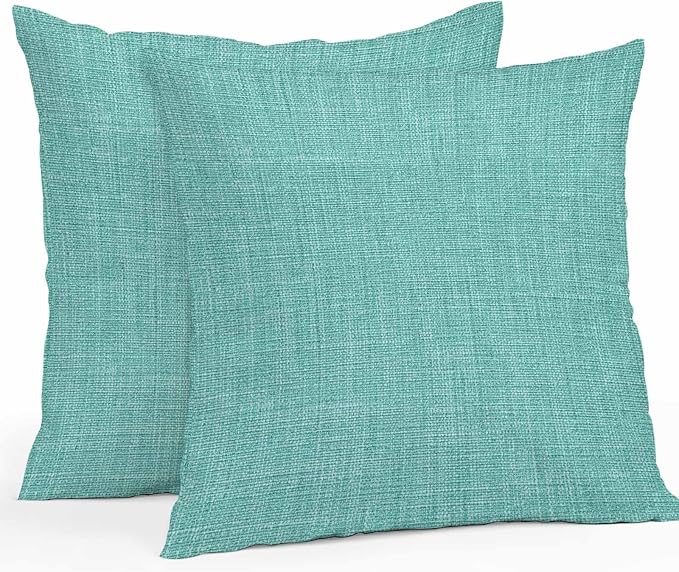 Vandarllin Outdoor Throw Pillows Covers 16x16 inch Set of 2 Waterproof Turquoise Linen Decorative Zippered Cushion Covers for Patio Furniture, Farmhouse Pure Color Lumbar Pillowcases