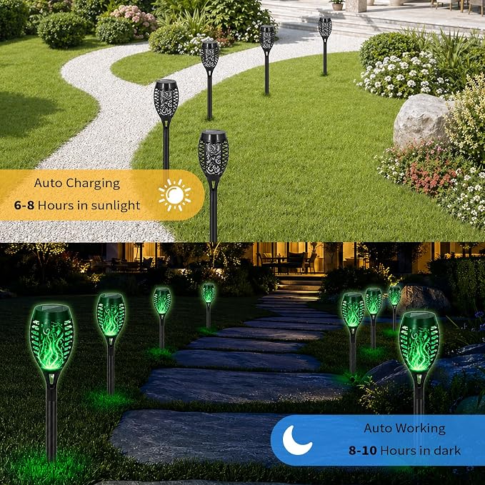 8 Pack Solar Lights Outdoor, Green Flickering Flame Torches | Green Flickering Flame, Long Nighttime Glow, Auto-On at Dusk, IP65 Weather-Resistant, Tool-Free Ground Setup
