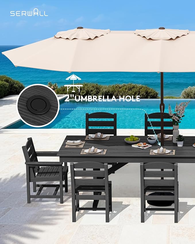 SERWALL 9 Piece Outdoor Dining Set, 84" HDPE Outdoor Table with 6 Armless Chairs and 2 Armchairs ，All Weather Patio Dining Furniture Set with Umbrella Hole for Backyard, Garden, Black