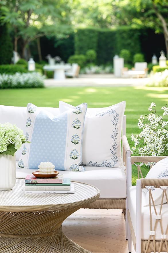 Hofdeco Premium Grandmillennial Coastal Hampton Patio Indoor Outdoor Throw Pillow Cover Only, 20"x20" Water Repellent for Backyard, Couch, Poolside, Baby Blue Embroidered Leaves Frame
