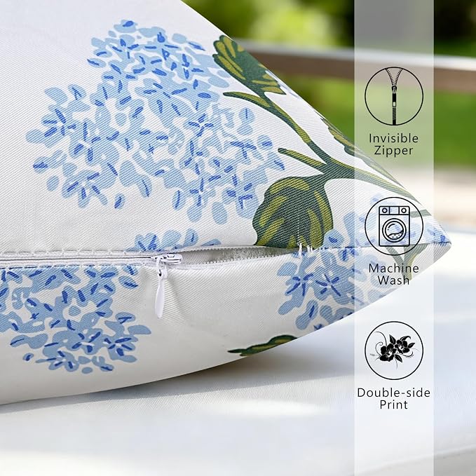 cygnus Waterproof Outdoor Pillow Covers 18x18 Inch Blue Green Hydrangea Floral Spring Summer Outdoor Pillows for Patio Furniture Garden Bench Home Decor