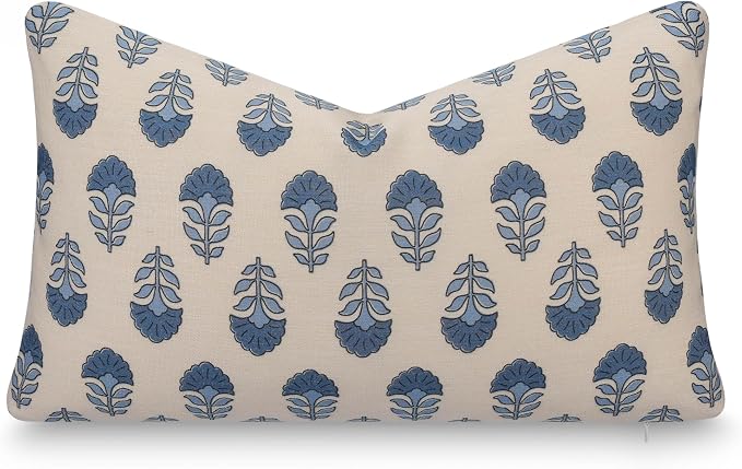 California Casual Coastal Indoor Outdoor Lumbar Pillow Cover, 12"x20" Water Repellent for Patio, Backyard, Couch, Poolside, Earth Tone Azure Blue Neutral Block Print Flowers