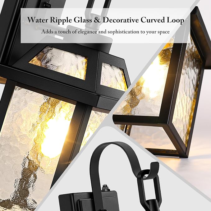 Dusk to Dawn Outdoor Wall Lights, Exterior Lighting Fixtures Wall Mount, Porch Lights Outdoor Wall Sconces with Water Ripple Glass, Outside Lights for House Front Door Garage, 2-Pack | Auto ON/OFF, Waterproof, Rust-Resistant, Durable Metal & Sturdy Gla...