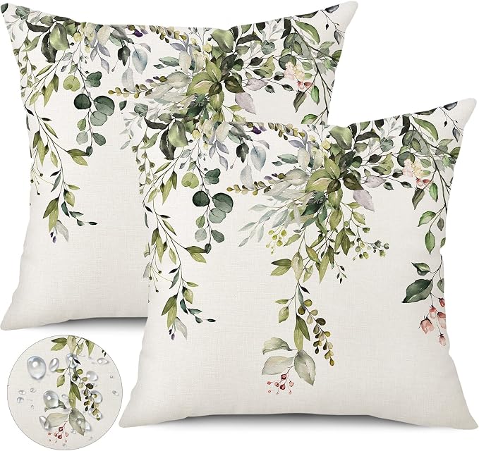 Outdoor Waterproof Throw Pillow Covers 18X18 Inch Set of 2 Spring Sage Green Pillow Covers Watercolor Eucalyptus Leaves Decorative Cushion Covers for Couch Garden Tent Balcony