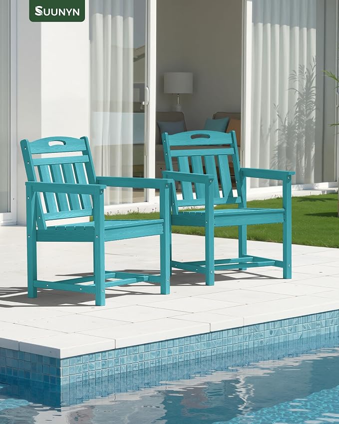Set of 2 Weatherproof Patio Chairs - HDPE Outdoor Dining Chairs with Wide Seat, Ergonomic Design - for Garden, Backyard, Deck - Lake Blue