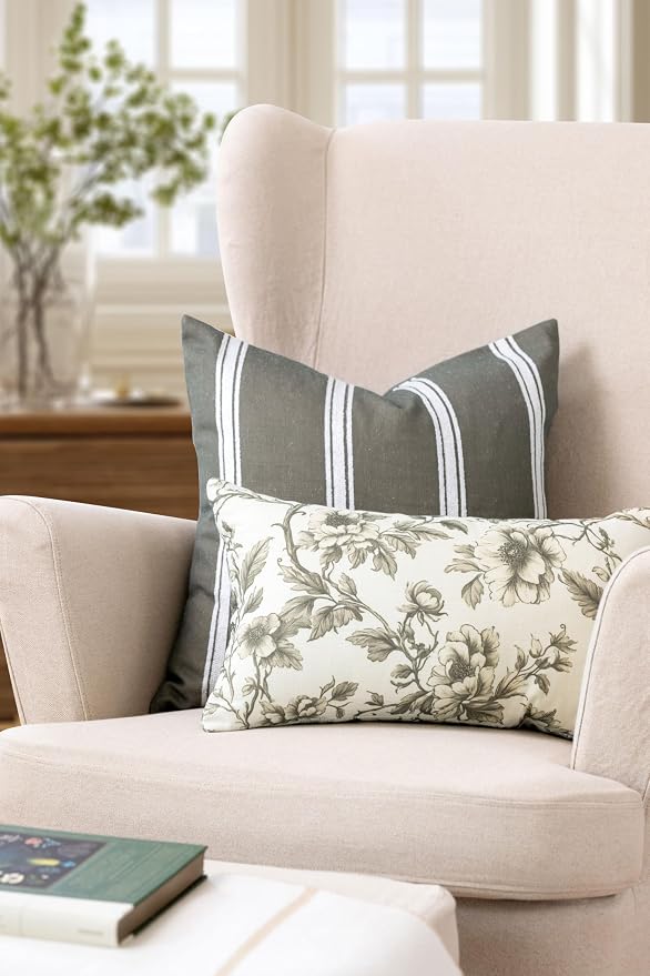 Modern Farmhouse California Casual Indoor Outdoor Lumbar Pillow Cover, 12"x20" Water Repellent for Patio, Backyard, Couch, Poolside, Oliver Green Print Vintage Chinoiserie Floral