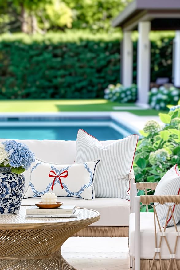 Hofdeco Premium Coastal Hampton Patio Indoor Outdoor Throw Pillow Cover Only, 20"x20" Water Repellent for Backyard, Couch, Poolside, Baby Blue Red Print Stripes