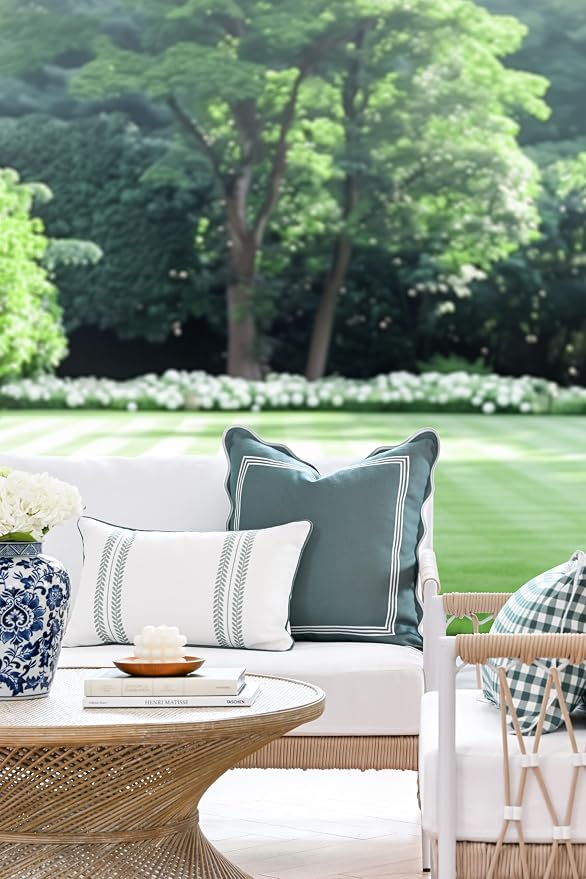 Hofdeco Premium Coastal Grandmillennial Patio Indoor Outdoor Lumbar Pillow Cover Only, 12"x20" Water Repellent for Backyard, Couch, Poolside, Celadon Green Print Leaf Striped