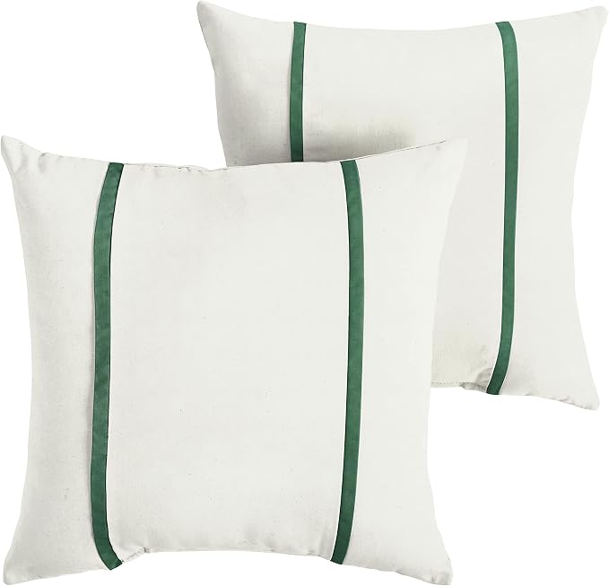 Sorra Home x Sunbrella - Indoor/Outdoor Square Pillows (Set of 2), Canvas Natural Ivory & Forest Green