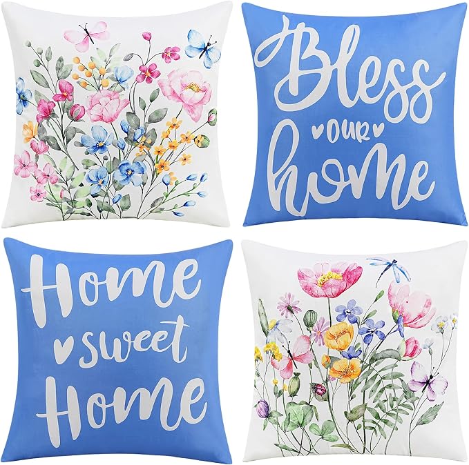Adabana Outdoor Waterproof Floral Blue Pillow Covers 18x18 Set of 4, Bless Home