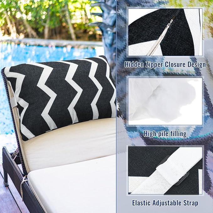 Juexica 2 Pack Chaise Lounge Pillow with Strap Outdoor Waterproof Beach Chair Neck Headrest Pillow Adjustable Elastic Band for Hammock Lumbar Recliner Pillows for Patio Pool Chair(Classic Black White)