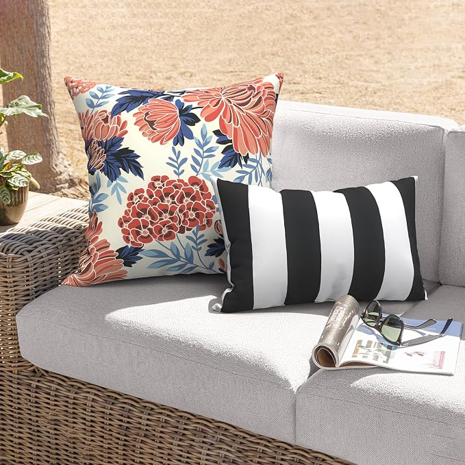 Outdoor 20x20 Inch Throw Pillows with Inners, Square Pillows Decorative Set of 2 for Home Garden Furniture, Red Chrysanthemum