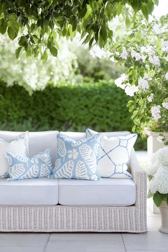 Hofdeco Premium Grandmillennial Coastal Hampton Patio Indoor Outdoor Lumbar Pillow Cover Only, 12"x20" Water Repellent for Backyard, Couch, Poolside, Baby Blue Print Palm Leaves and Hisbucs Flowers