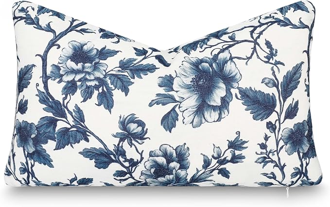 California Casual Coastal Indoor Outdoor Lumbar Pillow Cover, 12"x20" Water Repellent for Patio, Backyard, Couch, Poolside, Dark Navy Print Vintage Chinoiserie Floral