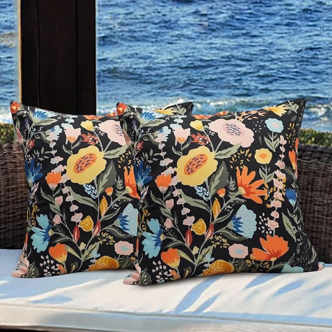 Floral Outdoor Throw Pillow Covers 18x18 Waterproof Colorful Summer Spring Garden Decorative Square Patio Pillows Outdoor Pillows Covers for Patio Furniture Set of 2 (No Pillow Insert)