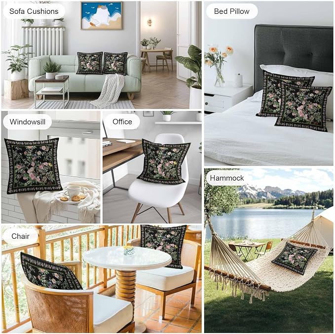 Vandarllin Outdoor Throw Pillows Covers 20x20 inch Set of 2 Waterproof Pink Floral Bird Decorative Zippered Cushion Covers for Patio Furniture, Green Leaves Branches Black Lumbar Pillowcases