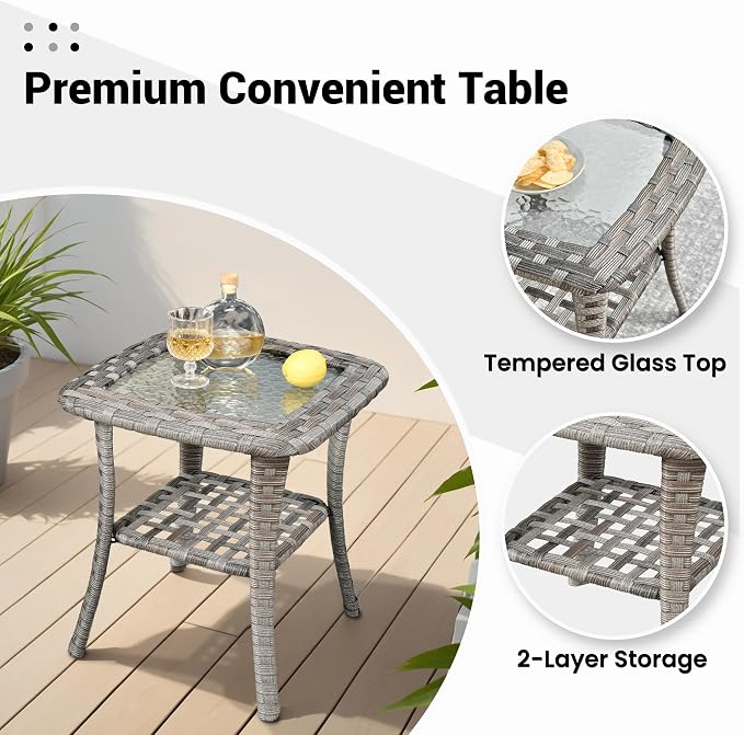 ovios Outdoor Side Table with Tempered Glass Top, Patio Wicker Rattan 2-Tier Storage Coffee End Tables for Porch Deck Balcony Garden Poolside (Light Grey-Small Size)