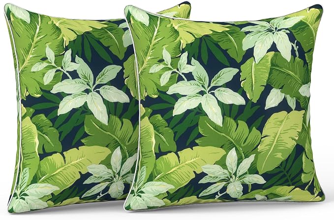LVTXIII Outdoor Throw Pillows 20x20 Patio Waterproof Square Pillows with Piping Fade Resistant Accent Pillow for Spring Summer Garden Decoration, Set of 2, Jungle Leaves