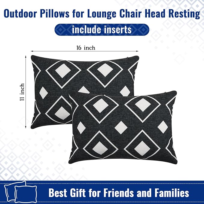 Juexica 2 Pack Chaise Lounge Pillow with Strap Outdoor Waterproof Beach Chair Neck Headrest Pillow Adjustable Elastic Band for Hammock Lumbar Recliner Pillows for Patio Pool Chair(White and Black)