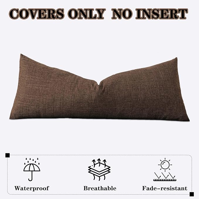 Kevin Textile Outdoor Waterproof 14”x36” Lumbar Pillow Cover 1 Pack, Brown | Water Resistant, Soft Faux Linen-cotton Yarn-dyed Woven Texture Throw Pillow Covers for Tent Patio Garden Couch Sofa