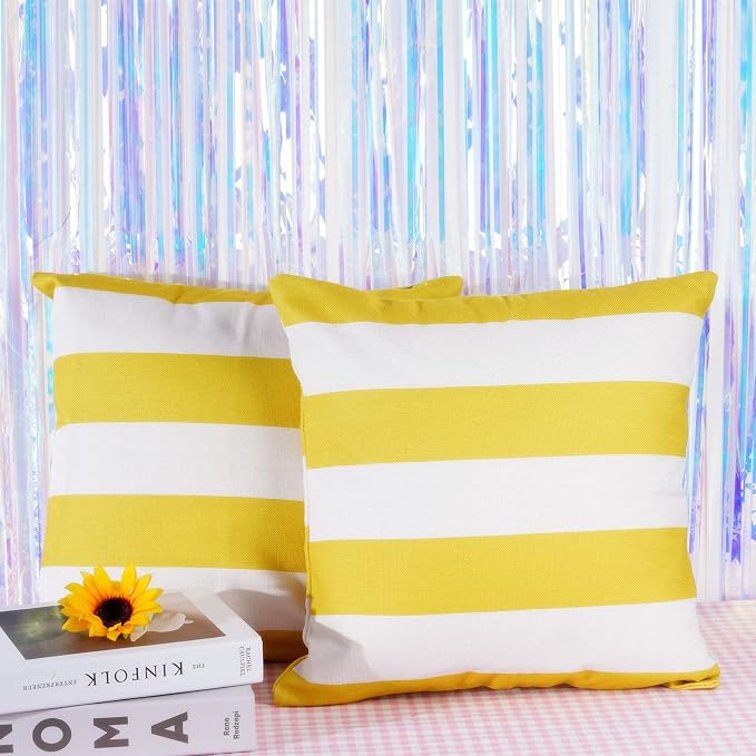 tiggell 4 Pack Waterproof Pillow Covers Outdoor Throw Pillowcases Decorative Garden Cushion Case for Home Garden Patio Couch Balcony Striped (18 * 18 inch, Yellow & White)