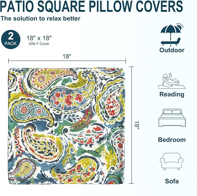 DYTXIII Pack of 2 Outdoor Waterproof Pillow Covers ONLY, 18"x18" Square Decorative Double Printed Throw Pillow Cases for Patio Couch Porch Furniture, Paisley Paradise