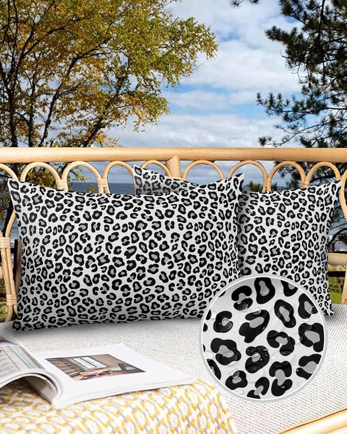 Outdoor Waterproof Throw Pillows Abstract White Black Leopard Patio Pillows Pack of 2,Decorative Pillow Covers with Insert,Pillow Cushion Case for Garden Couch Sofa Animal Skin Print
