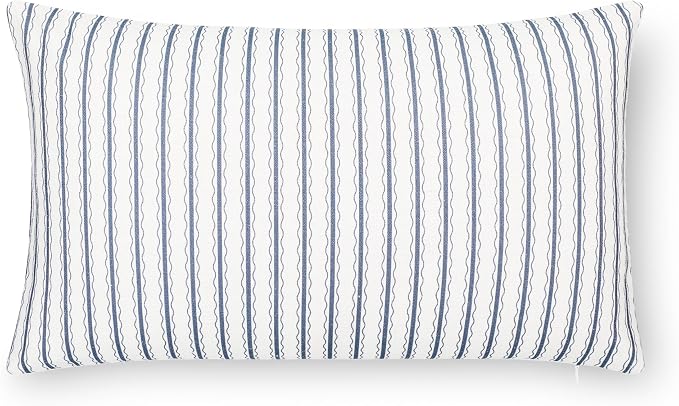 California Casual Coastal Indoor Outdoor Lumbar Pillow Cover, 12"x20" Water Repellent for Patio, Backyard, Couch, Poolside, Azure Blue Print Wave Stripes